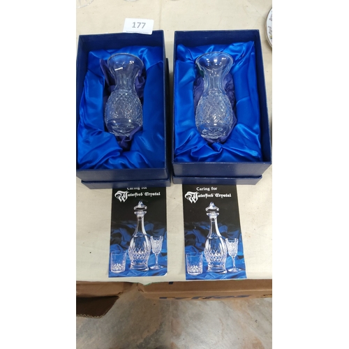 177 - Pair of boxed Waterford Crystal mini vases, each with intricate cut patterns and accompanied by orig... 