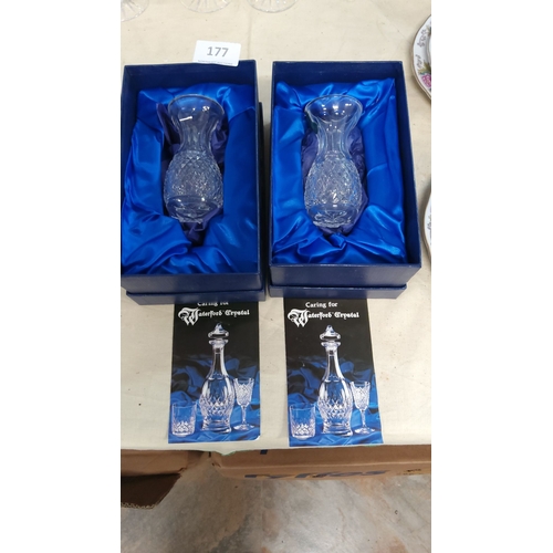 177 - Pair of boxed Waterford Crystal mini vases, each with intricate cut patterns and accompanied by orig... 