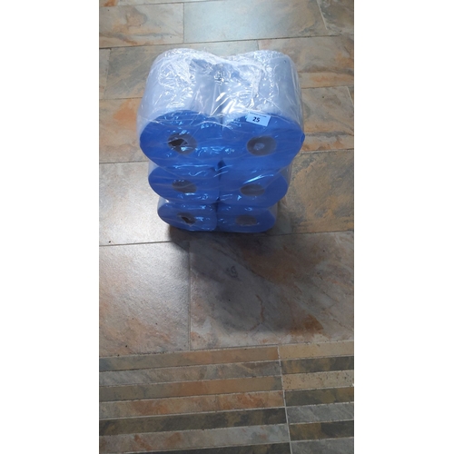 25 - Pack of six blue jumbo toilet rolls, sealed in plastic wrapping.