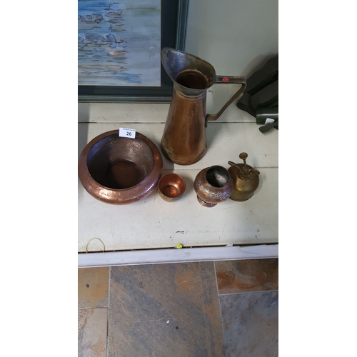 26 - Collection of five antique copper and brass items: large pitcher, round basin, small bowl, intricate... 