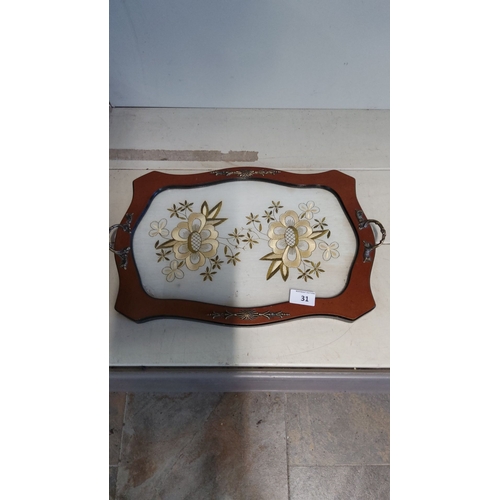 31 - Wooden serving tray features floral inlay design with metal handles and decorative accents.