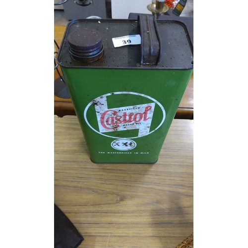 39 - Vintage Castrol Wakefield Motor Oil Can, green with red and white logo, featuring top screw cap and ... 