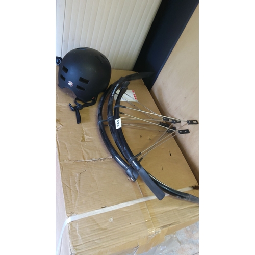 482 - Mixed lot including a black bicycle helmet and a set of bike mudguards with mounting attachments.