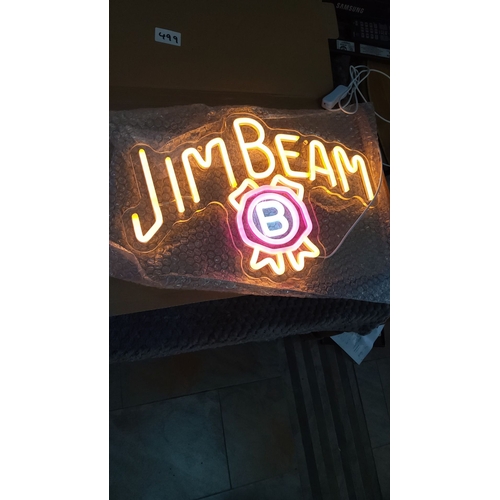 499 - Jim Beam Neon sign with vivid orange lettering and a central pink and white emblem.