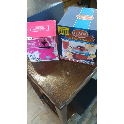 500 - American Originals Ice Cream Maker, boxed, alongside D'ancap Chocolate Fondue Set, boxed.