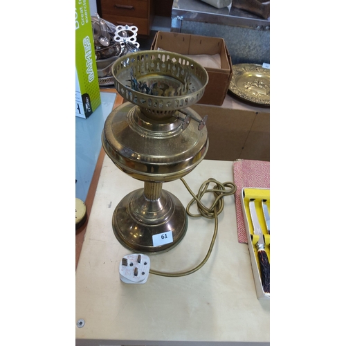 61 - Vintage brass electric lamp with intricate perforated shade holder and UK plug.