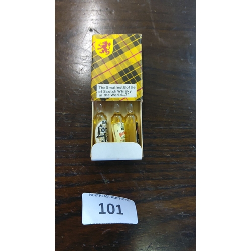 101 - Matchbox Series featuring plaid design. Contains three small whisky bottles labeled as the smallest ... 