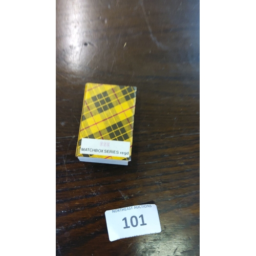 101 - Matchbox Series featuring plaid design. Contains three small whisky bottles labeled as the smallest ... 