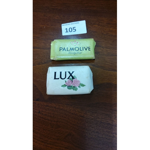 105 - Two vintage mini soap bars: Palmolive Beauty Soap and Lux, featuring floral design packaging.