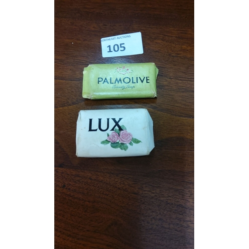 105 - Two vintage mini soap bars: Palmolive Beauty Soap and Lux, featuring floral design packaging.