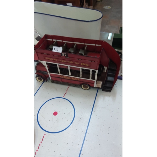 110 - Vintage red metal double-decker bus model with Haig advertising. Features open stair detail. Approxi... 