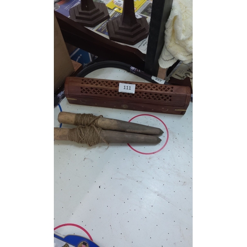111 - Wooden incense holder and two wooden garden row marking twine & pegs