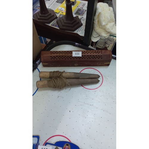 111 - Wooden incense holder and two wooden garden row marking twine & pegs