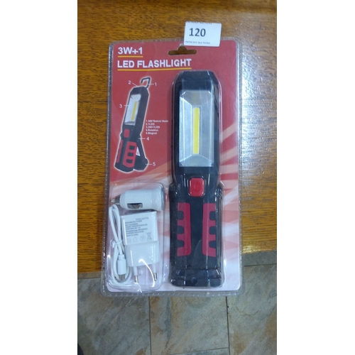 120 - 3W+1 LED flashlight set with adapters, featuring a 360° swivel hook, magnet, and rotation function.