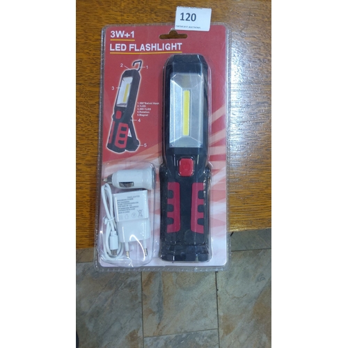 120 - 3W+1 LED flashlight set with adapters, featuring a 360° swivel hook, magnet, and rotation function.