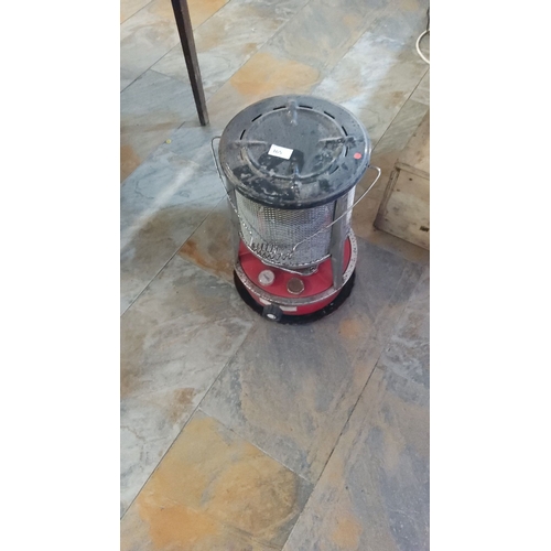 365 - Parasene greenhouse heater. Red and metallic design with mesh grill. Approximately 18 inches high.