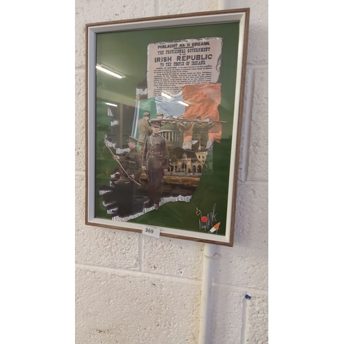 369 - Framed Irish Republic Proclamation poster collage with historical military imagery. Approximately 18... 