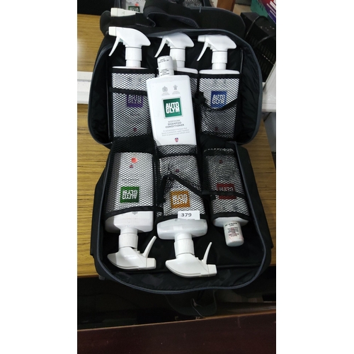 379 - Autoglym car care kit in zippered case, includes cleaners and conditioners.