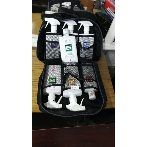 379 - Autoglym car care kit in zippered case, includes cleaners and conditioners.