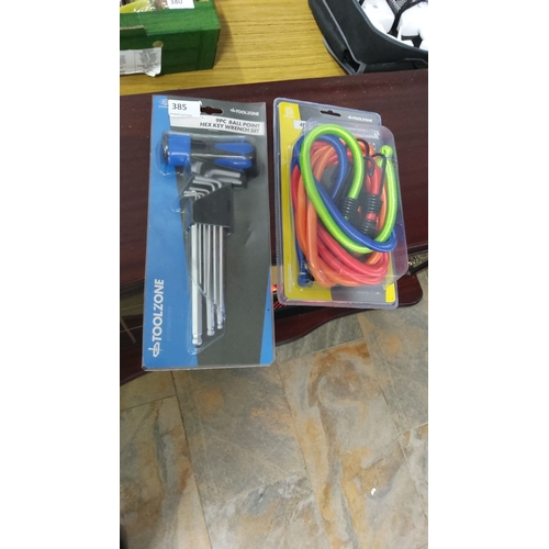 385 - Two items: Toolzone 9pc Ball Point Hex Key Wrench Set and 45cm assorted bungee cords.