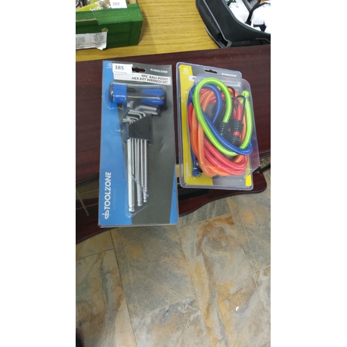 385 - Two items: Toolzone 9pc Ball Point Hex Key Wrench Set and 45cm assorted bungee cords.