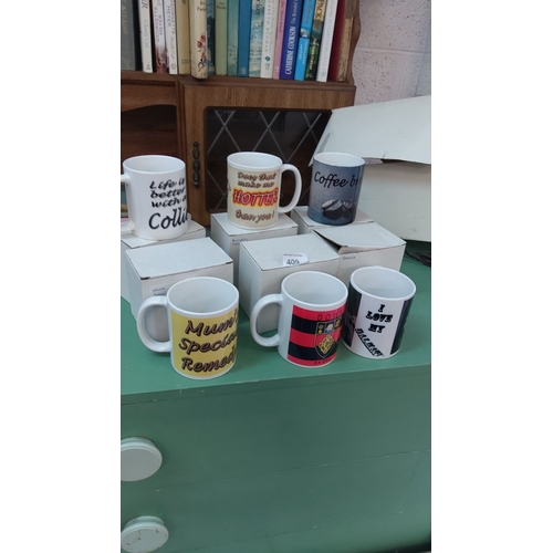 409 - Set of six novelty ceramic mugs with assorted humorous and themed designs. Each comes in individual ... 
