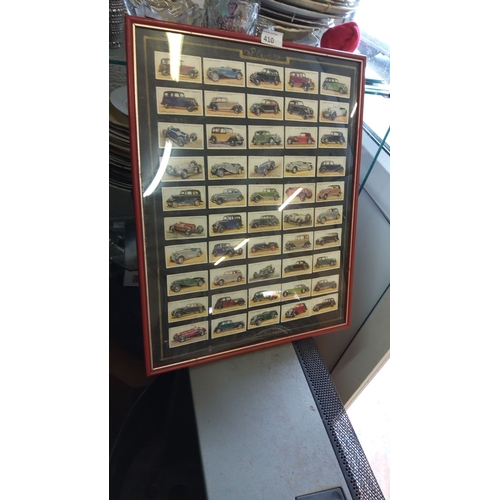 410 - Framed collection of vintage car cigarette cards, featuring various classic models from 1936 (50)