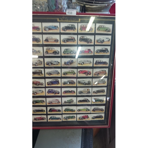 410 - Framed collection of vintage car cigarette cards, featuring various classic models from 1936 (50)