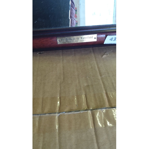 439 - Etched glass mirror, handmade in Waterford. Approximately 75 x 90 cm. Features detailed architectura... 