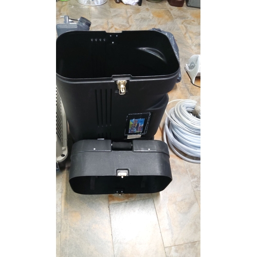 444 - Tall heavy plastic case with detachable lid on two wheels (4ft)