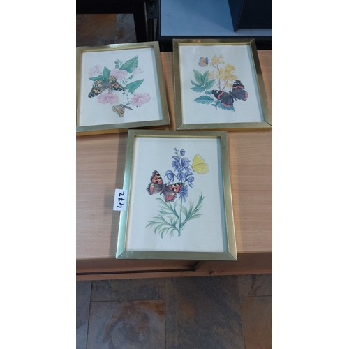 472 - Set of three watercolor butterfly prints, framed by Mick Steede. Features decorative floral and butt... 