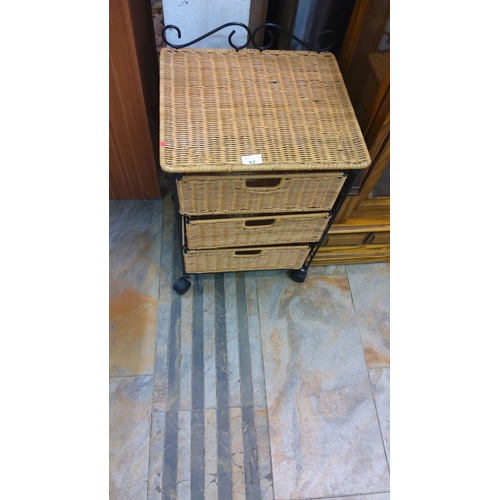 67 - Rattan and metal storage unit with three drawers. Approximately 60 cm width, 40 cm depth, 80 cm heig... 