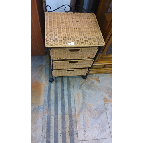 67 - Rattan and metal storage unit with three drawers. Approximately 60 cm width, 40 cm depth, 80 cm heig... 