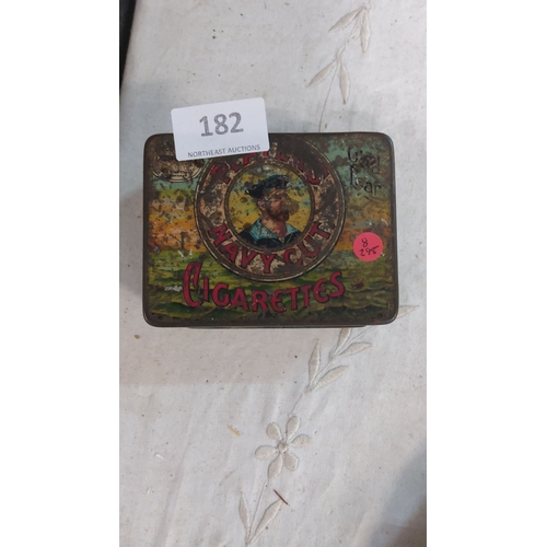 182 - Vintage Player's Navy Cut Cigarettes tin features an iconic sailor design with colorful graphics.