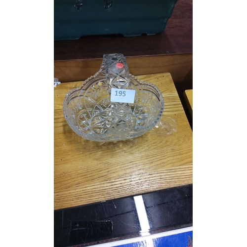 195 - Cut glass basket with intricate floral patterns, featuring a decorative handle.