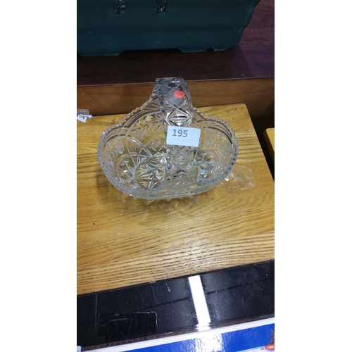 195 - Cut glass basket with intricate floral patterns, featuring a decorative handle.