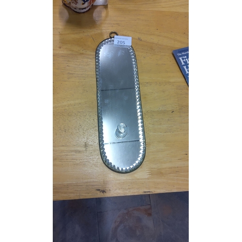 205 - Scalloped-edge mirrored wall sconce with glass hat holder features a hanging loop.