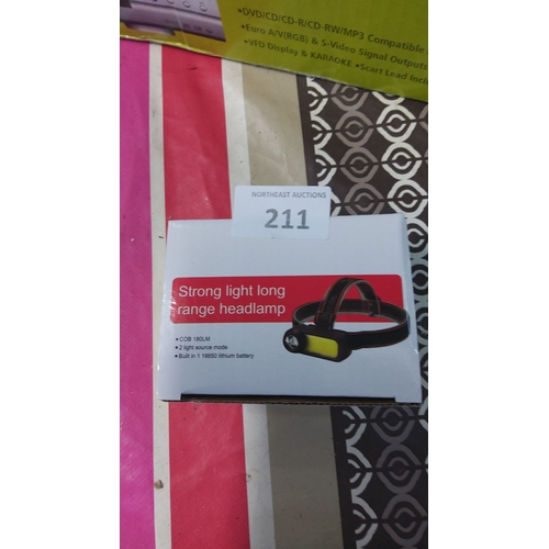 211 - Boxed strong light, long-range headlamp features COB 180LM, two light source modes, built-in 18650 l... 