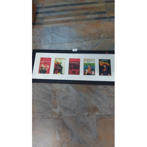 212 - Framed collection of five vintage Penguin book covers, showcasing mid-20th century British design. T... 