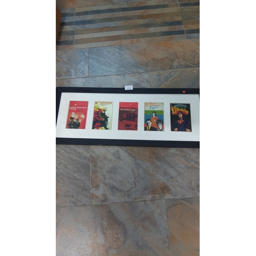 212 - Framed collection of five vintage Penguin book covers, showcasing mid-20th century British design. T... 