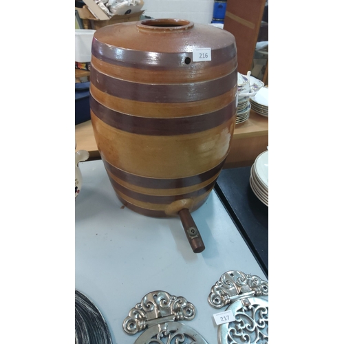 216 - Glazed ceramic barrel with integrated tap, featuring brown bands, from the mid-20th century.