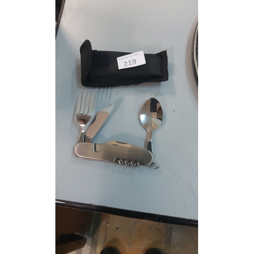 219 - Stainless steel camping utensil tool includes a fork, knife, spoon, corkscrew, and pouch.