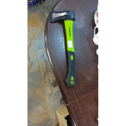 227 - Hand axe with vibrant green handle and black grip, featuring a sturdy metal head.