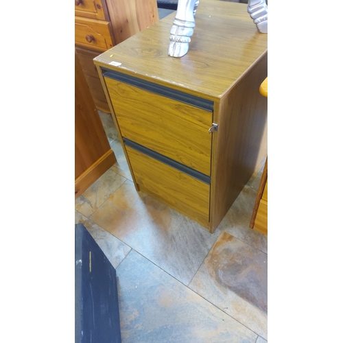 300 - Wooden filing cabinet with two drawers and metal handles, featuring a wood grain finish.