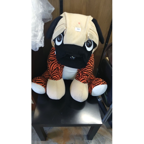 316 - Plush stuffed dog toy featuring tiger-striped legs and large expressive eyes.