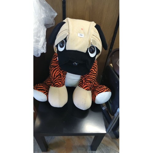 316 - Plush stuffed dog toy featuring tiger-striped legs and large expressive eyes.
