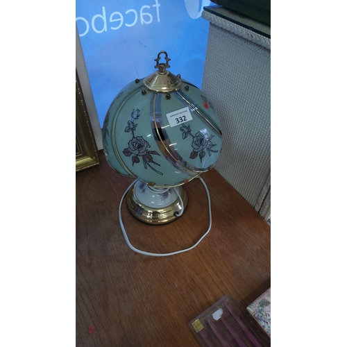 332 - Vintage floral touch glass lamp with brass accents, featuring etched rose designs and ornate finial.