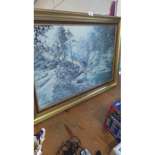 333 - Oil painting by Denis Thornton, featuring a serene winter landscape with a stone bridge. Framed.