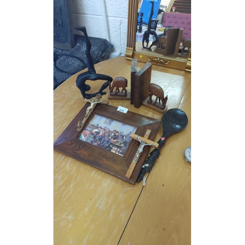 344 - Mixed lot of decorative items including a framed painting, wooden carvings, crucifix, and abstract b... 