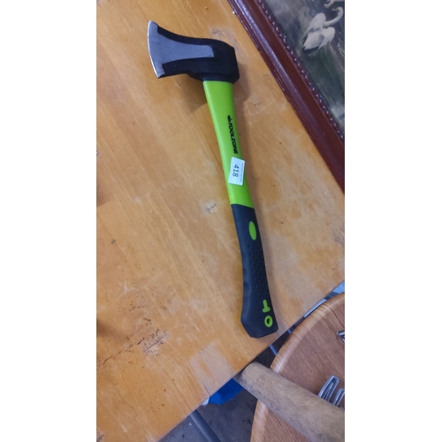 418 - Toolzone hatchet with bright green handle and black grip. Rugged and durable design.